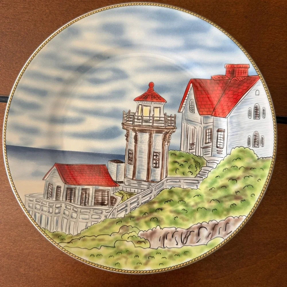 Royal Norfolk Lighthouse Salad Plates Set of 4 Nautical Coastal 7.5 Inch Ceramic